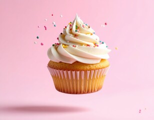 Delicious Vanilla Cupcake with Sprinkles on Pink Background