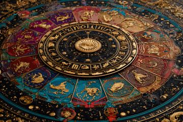 Celestial Harmony: Zodiac Wheel with Vivid Astrological Symbols and Constellations