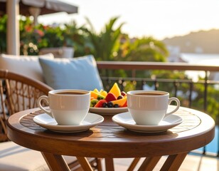 Morning Coffee and Fruit on Balcony Overlooking Lush Tropical Landscape.
