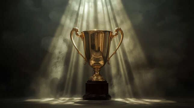 A gleaming golden trophy stands proudly on a dark textured pedestal bathed in dramatic ethereal spotlight rays The image evokes a sense of triumph success and ultimate recognition
