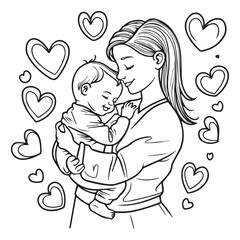  A black and white line art illustration of a parent gently holding and cuddling a baby. 