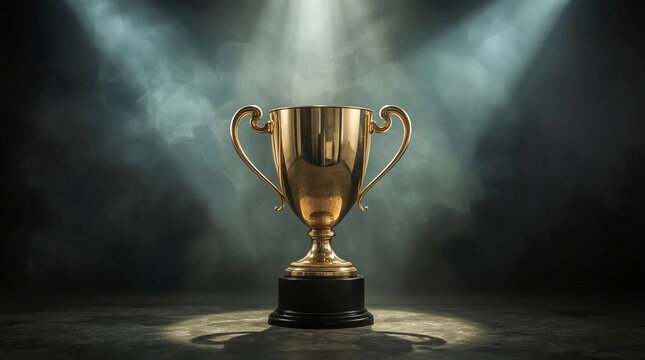 A solitary golden trophy stands prominently on a textured surface illuminated by two dramatic spotlights from above casting a sense of triumph and prestige