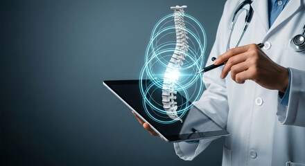 Doctor examining spine hologram on tablet with pen and stethoscope in a medical environment