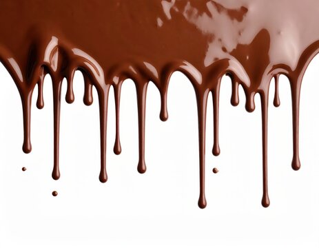 Close-up of rich, melted chocolate dripping smoothly against a white background, perfect for dessert and confectionery themes.