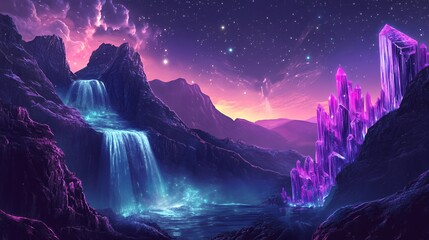 Ethereal Mountainscape with Glowing Waterfall and Crystal Formations