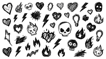 This image displays a variety of rough hand-drawn elements including hearts skulls lightning bolts and flames The style is reminiscent of punk rock or grunge art with a sketchy distressed feel