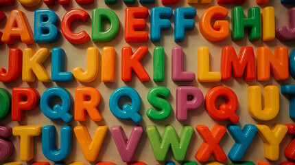 Fototapeta premium This close-up image displays a full set of English alphabet letters each in a distinct bright color They are arranged in neat rows ready for learning and play