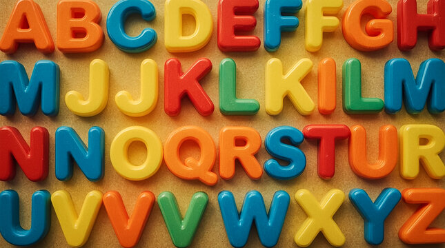 Vibrant magnetic alphabet letters arranged in rows on a wooden surface for educational play and learning - Powered by Adobe