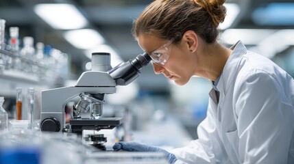 A scientist in a lab coat is using a microscope to conduct scientific research in a well-equipped laboratory.