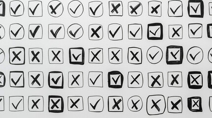 This image displays a pattern of hand-drawn checkmarks and crosses within squares rectangles and circles illustrating a visual representation of selections and rejections