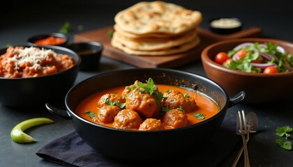 Delicious Indian Meatball Curry with Naan Bread Side Salad and Spices