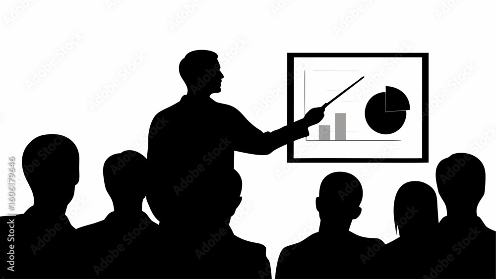 Aufkleber silhouette of a presenter pointing to a chart in front of an audience in a black and white image