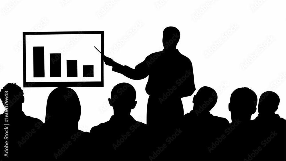 Poster silhouette of a presenter pointing at a graph in front of an audience in a dark room setting scene