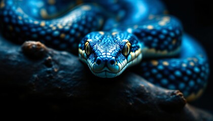 Fototapeta premium Majestic Blue Tree Python Close Up Stunning Reptile Portrait Scales Wild Animal