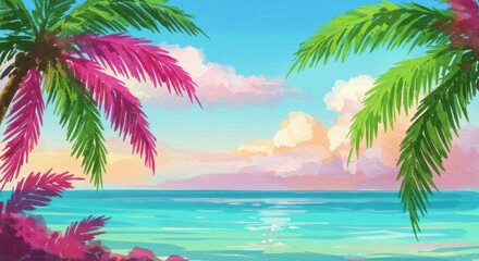 Vibrant Summer Ocean Background with Pink Palm Trees and Stylized Clouds