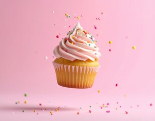 Delicious Pink Frosted Cupcake with Sprinkles on a Pink Background