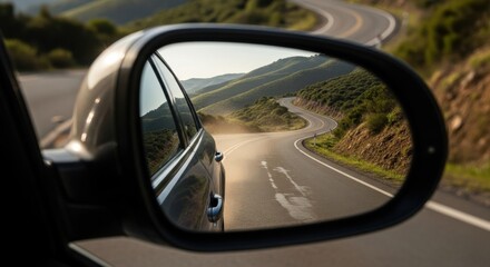 Fototapeta premium Scenic view of a winding mountain road reflected in a car's side mirror during a journey