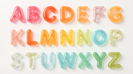 A playful and colorful arrangement of gummy alphabet letters from A to Z displayed in three rows Each letter is translucent and brightly colored creating a visually appealing educational display