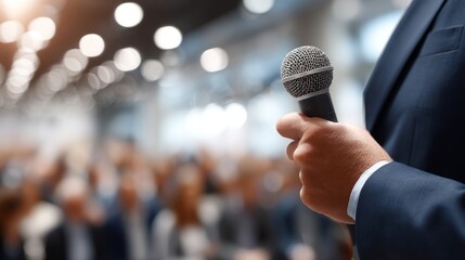 A person in a suit holds a microphone, speaking to an audience in a well-lit event space.
