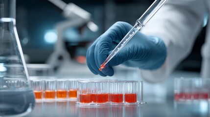 A scientist in gloves is using a pipette to handle red liquid samples in a laboratory setting.