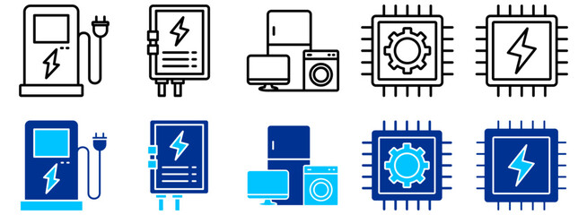Electric Vehicle Charging, Smart Devices and Microchip Icon Set - Outline and Duotone 