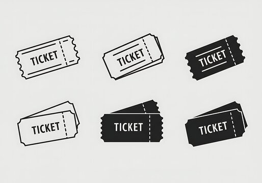 A collection of six vector ticket icons in different styles and arrangements