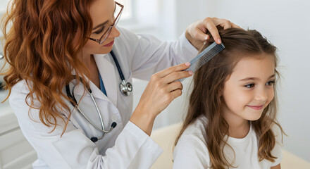 Warm Medical Scene of Female Doctor Combing Braided Hair of a Smiling Little Girl in White Medical Coat and Stethoscope Around Neck
