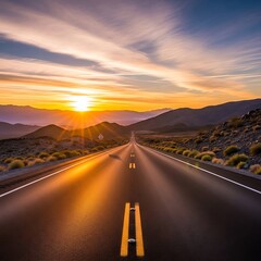 Asphalt highway stretching into a golden sunset.