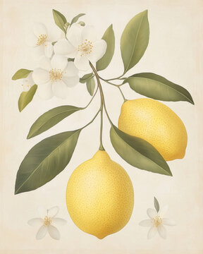 Yellow Lemon Fruit and Lemon Flowers, watercolor illustration