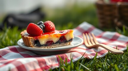 Delicious berry tart dessert recipe picnic on grass with gingham blanket photography