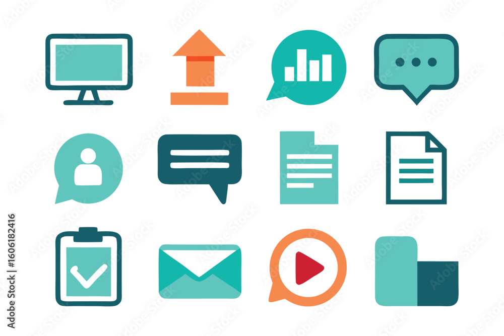 Fototapete vector art of a set of communication icons featuring computer, email, and speech bubble elements