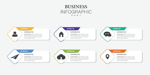 Vector infographic flat template, diagram, graph, presentation. Business concept with 6 options. For content, flowchart, steps, timeline, workflow, marketing.