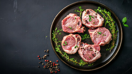 Raw pork ham hocks displayed on a steel plate with herbs against a black background from a top view.