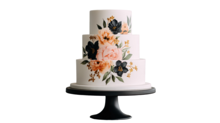 Elegant Three-Tiered Wedding Cake with Peach and Black Accents on Transparent Background

