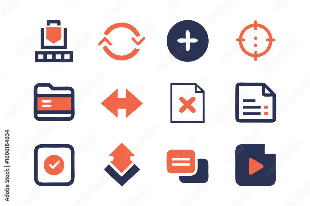 Poster vector art of a collection of vector icons depicting file management, target, and user interface ele