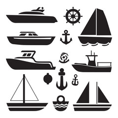 A vector illustration of a set of silhouette icons of various boat designs and maritime vessels. 
