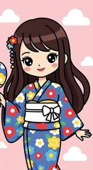 Cute cartoon girl in a floral kimono.