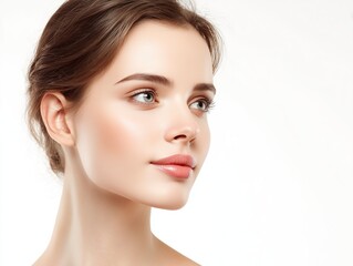 Obraz premium Female Facial Close - up on Solid Color Background, for Makeup Skincare, Medical Aesthetics Promotion, Fashion Ads