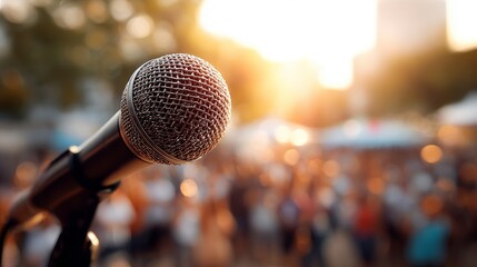 A close-up of a microphone with a blurred crowd in the background, likely at an outdoor event during sunset.