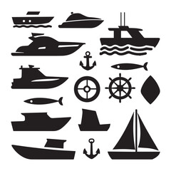 A vector illustration of a set of silhouette icons of various boat designs and maritime vessels. 