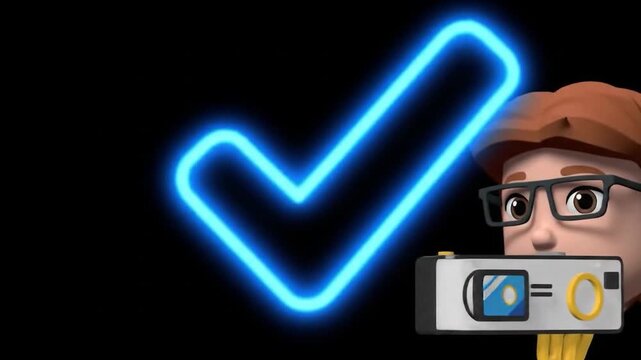 A blue neon checkmark with cartoon camera on black
