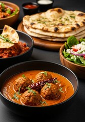 Delicious Indian Kofta Curry with Naan Bread and Side Salad Restaurant Food Photography