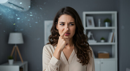 Woman Reacting To Dust From Air Conditioner In Neutral Home Interior With Table Lamp And White Shelving Unit