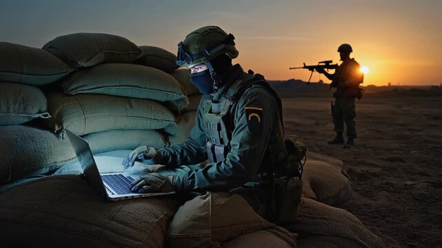 A military operator man stationed behind sandbags during a night mission operates a secure laptop under low light conditions, focusing on battlefield communication and mission updates in real-time.