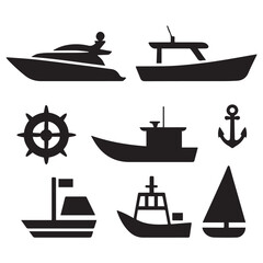 A vector illustration of a set of silhouette icons of various boat designs and maritime vessels. 