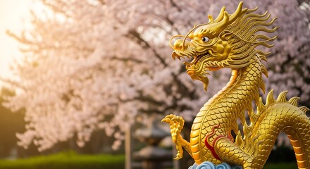Golden dragon statue amidst cherry blossoms.