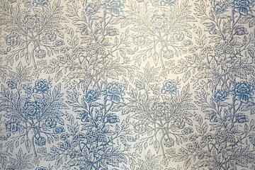 Seamless Blue and White Toile de Jouy Floral Pattern with Intricate Hand-Drawn Botanical Details