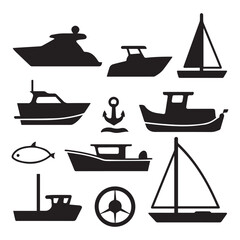 A vector illustration of a set of silhouette icons of various boat designs and maritime vessels. 
