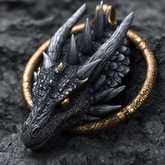 A detailed black dragon head ornament encircled by a golden ring, showcasing intricate scales and spikes.