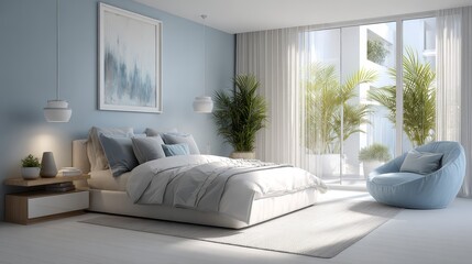 A modern bedroom with light blue walls, large windows letting in natural light, comfortable bed, indoor plants, and minimalist decor.